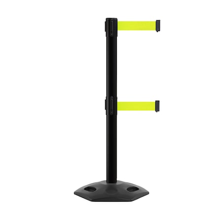 Montour Line Stanchion Dual Belt Barr. Rubber Base Black Post 11ft.Fl.Yel Belt P400DRB-BK-FYW-110